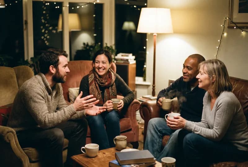 A small group of friends talking together in a warm living room
