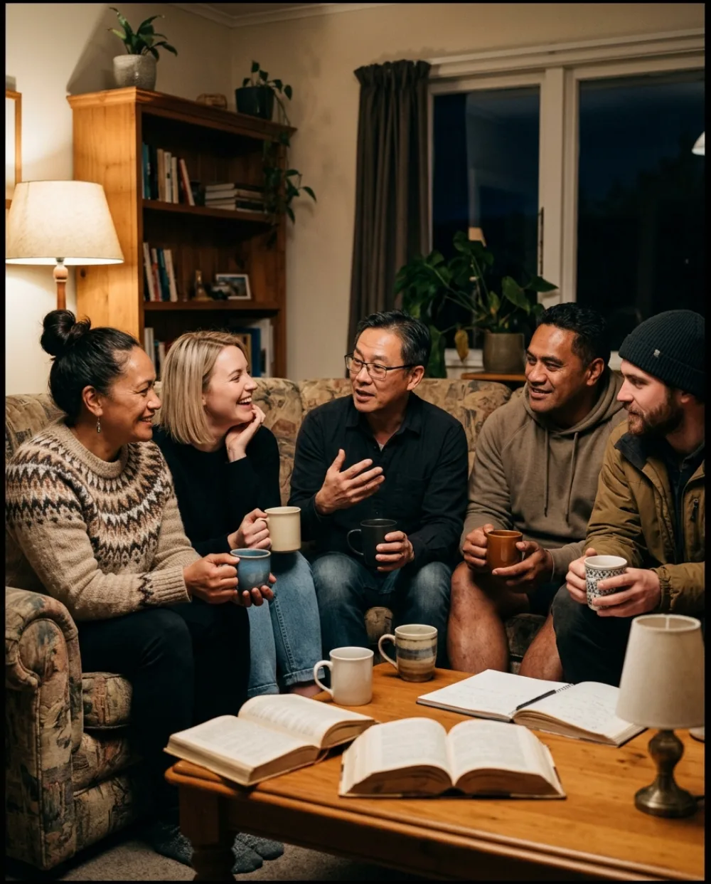 Friends talking together around a table in a warm living room
