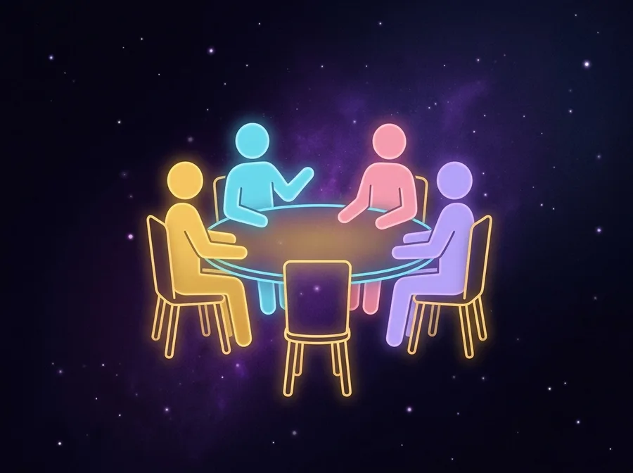 A small group around a table with a chair pulled out