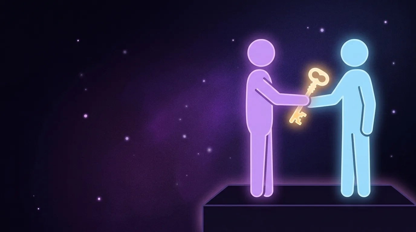 One person handing a key of light to another