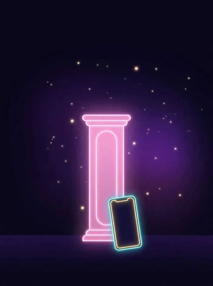 A short column of pink light with one phone at its base