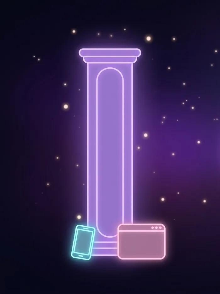 A medium column of lavender light with two phones and a web page at its base
