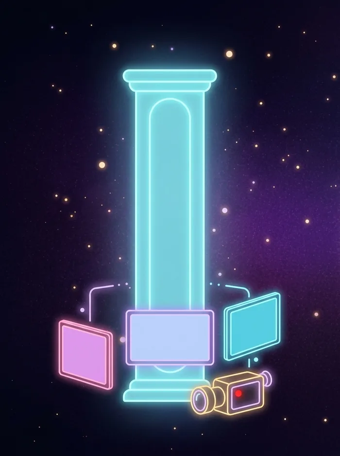 A tall column of cyan light with three screens and a live camera at its base