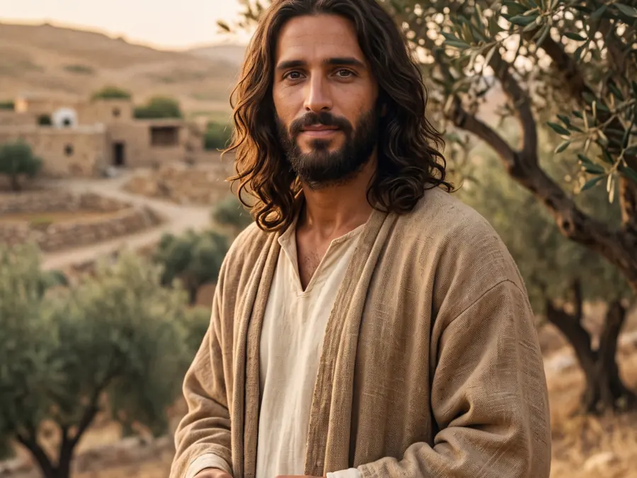 Jesus standing among olive trees on a hillside at golden hour